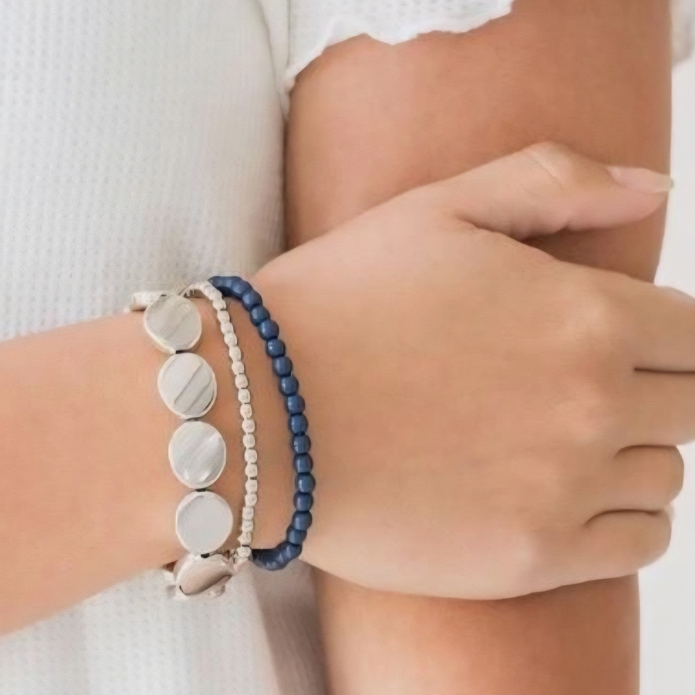 Elegant Silver and Blue Beaded Bracelet Set